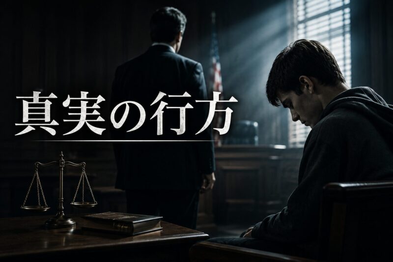 暗い法廷でうつむく青年と弁護士の後ろ姿を描いた映画『真実の行方』風のアイキャッチ画像