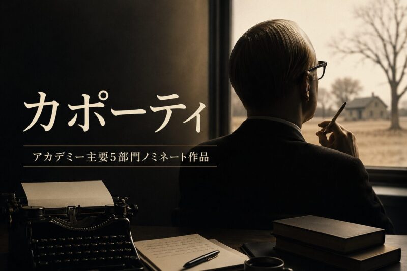 映画カポーティのアイキャッチ画像｜作家が窓辺で執筆を考えるシーンとタイプライター｜アカデミー主要5部門ノミネート作品
