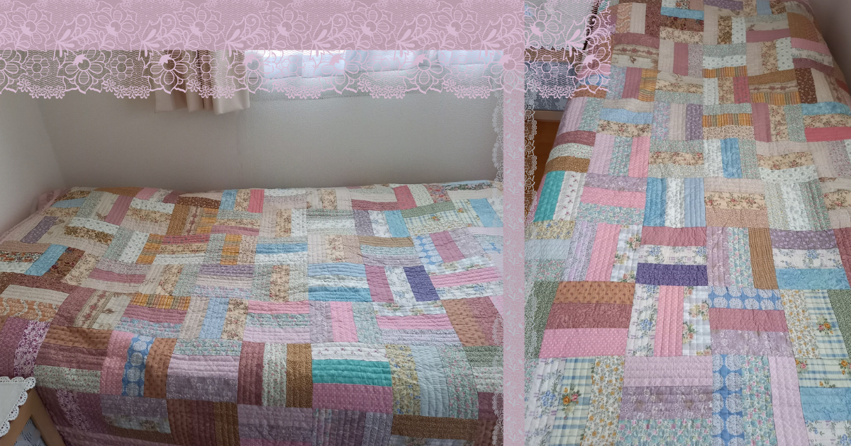 パッチワーク】ハンドメイド シンプルパターンのベッドカバー④ キルト